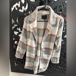 Gray, Tan & White Plaid Open-Front Trench Coat